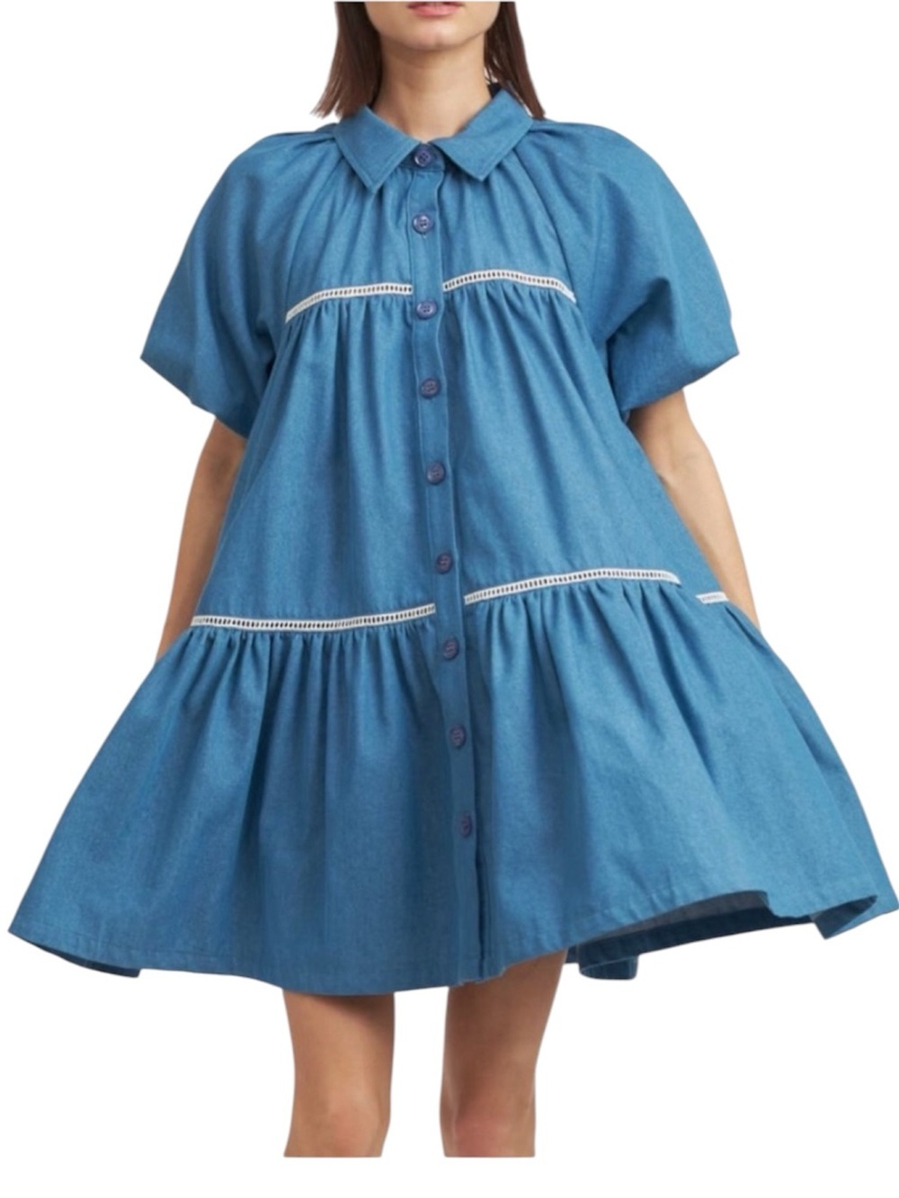 En Saison Tara Babydoll Shirtdress Button-Front Puff Sleeve Denim Blue Dress S